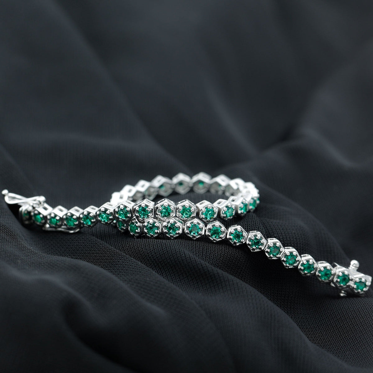 Lab Grown Emerald Bracelet – Hexagon Frame Tennis Bracelet with AAAA Quality Emeralds