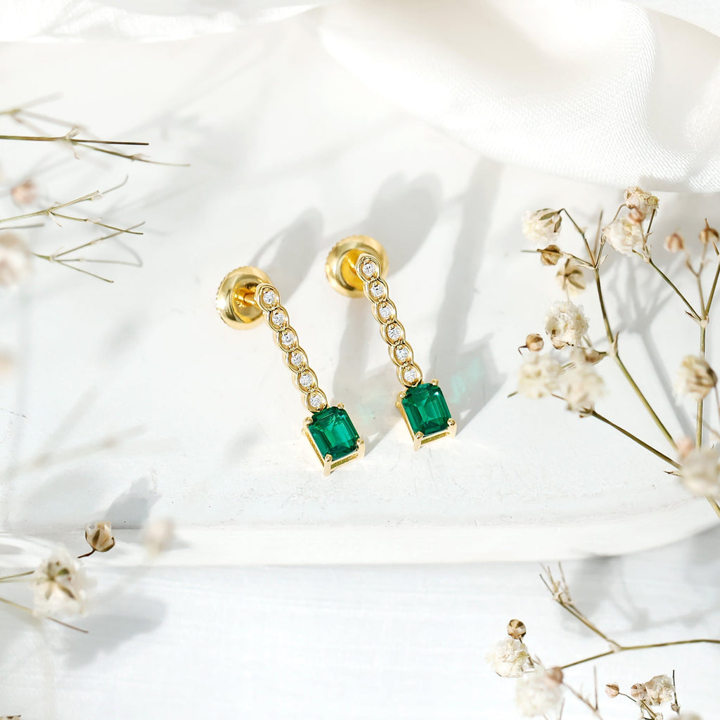 Lab Grown Emerald Earrings – 14K Gold Plated Diamond Dangle Drop with Screw Back