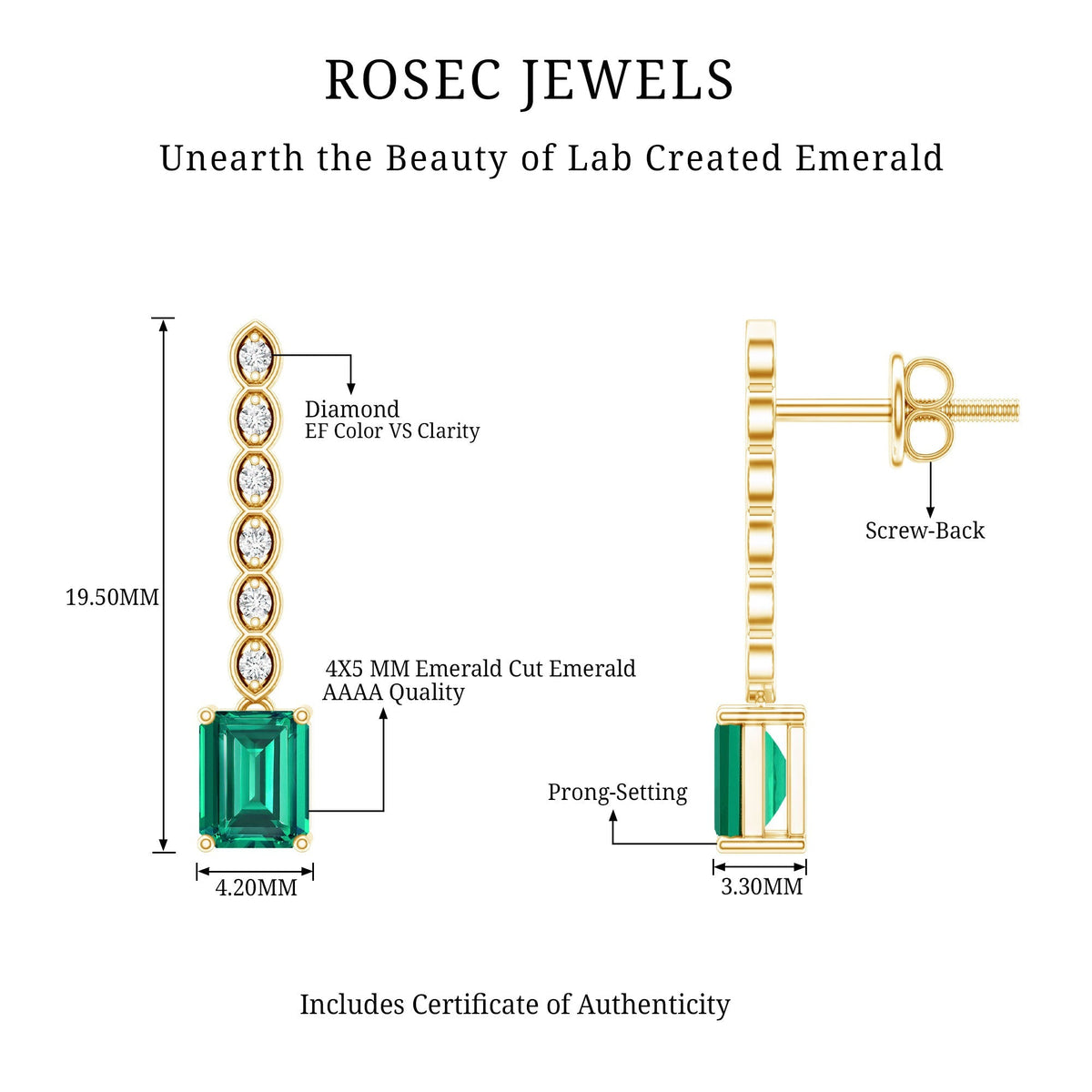 Lab Grown Emerald Earrings – 14K Gold Plated Diamond Dangle Drop with Screw Back