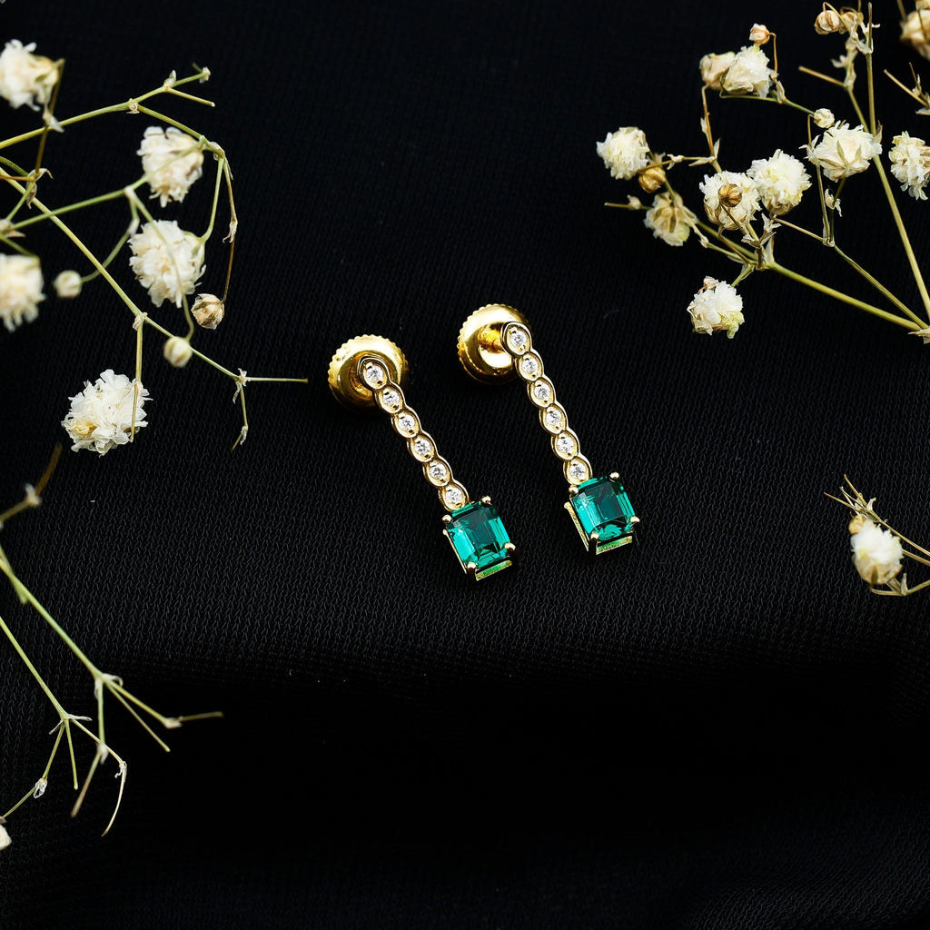 Lab Grown Emerald Earrings – 14K Gold Plated Diamond Dangle Drop with Screw Back