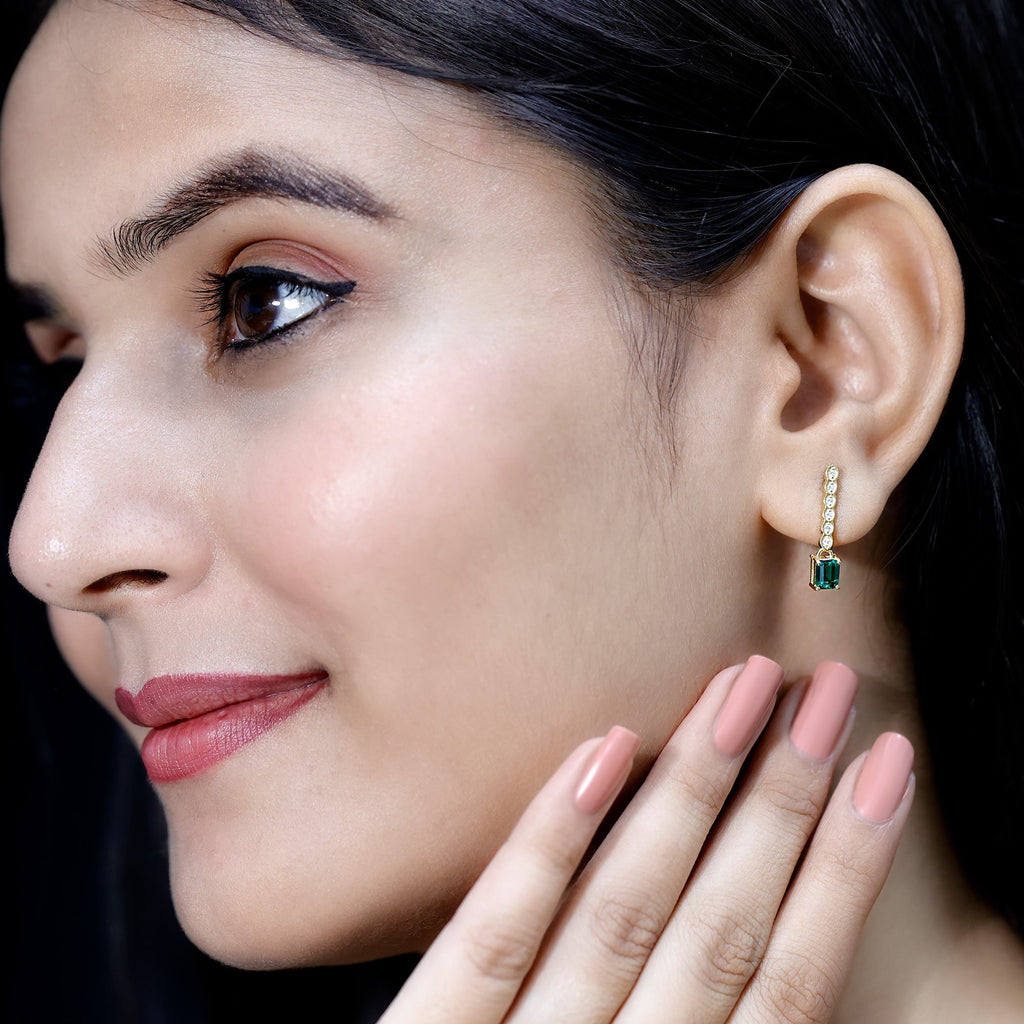 Lab Grown Emerald Earrings – 14K Gold Plated Diamond Dangle Drop with Screw Back