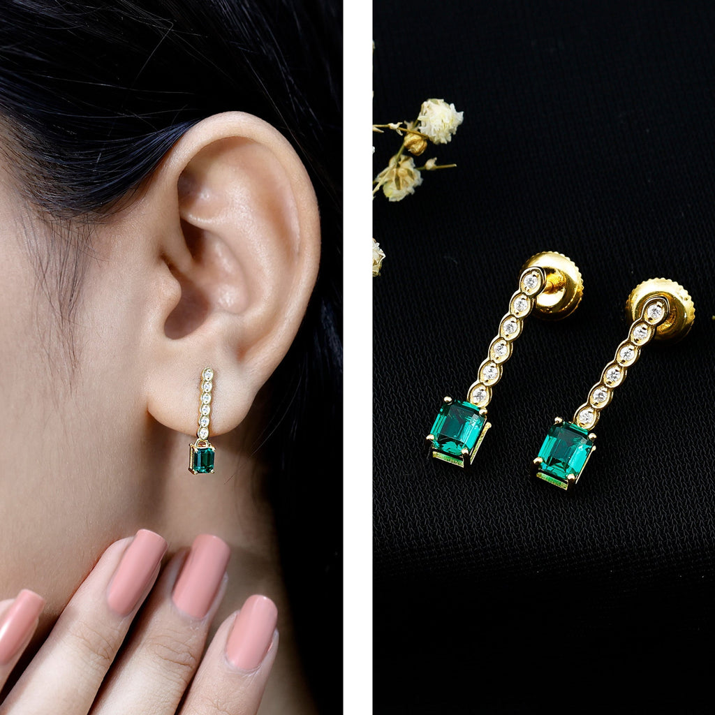 Lab Grown Emerald Earrings – 14K Gold Plated Diamond Dangle Drop with Screw Back