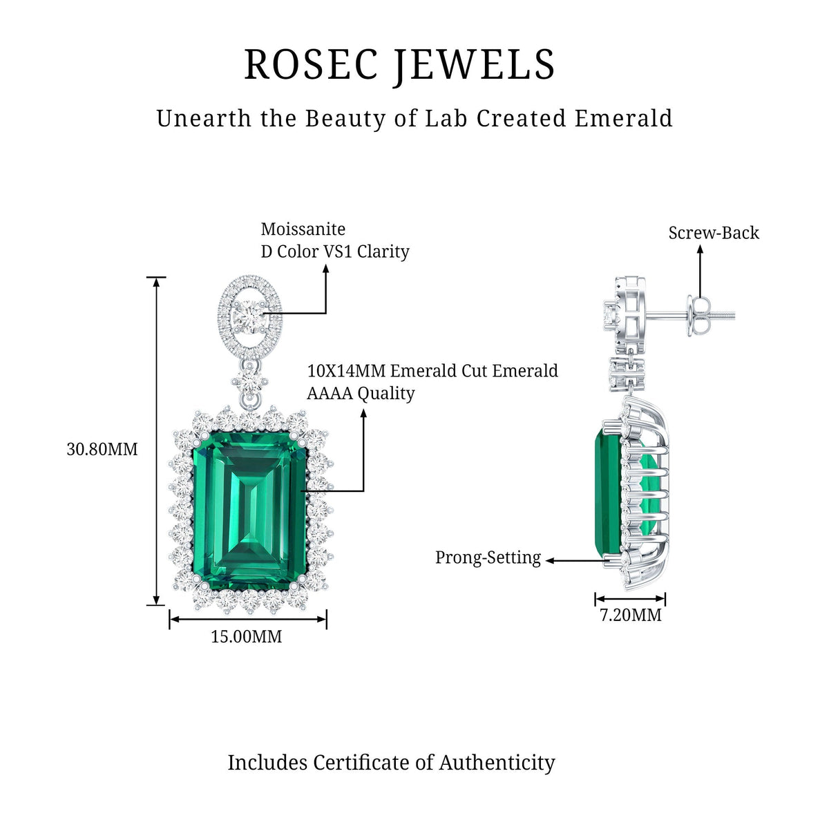 Lab Grown Emerald Earrings – 16 Carat Emerald Cut Vintage Bridal Jewelry