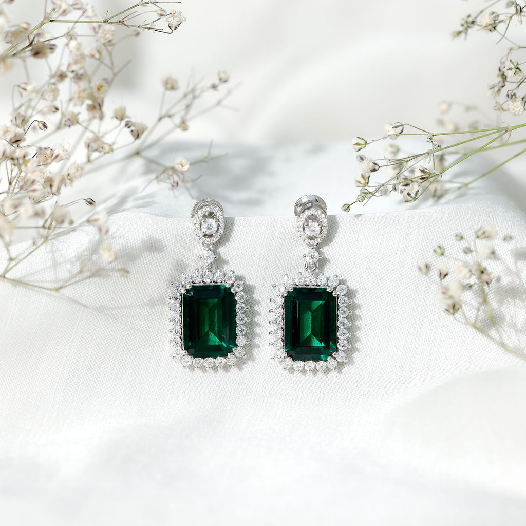 Lab Grown Emerald Earrings – 16 Carat Emerald Cut Vintage Bridal Jewelry
