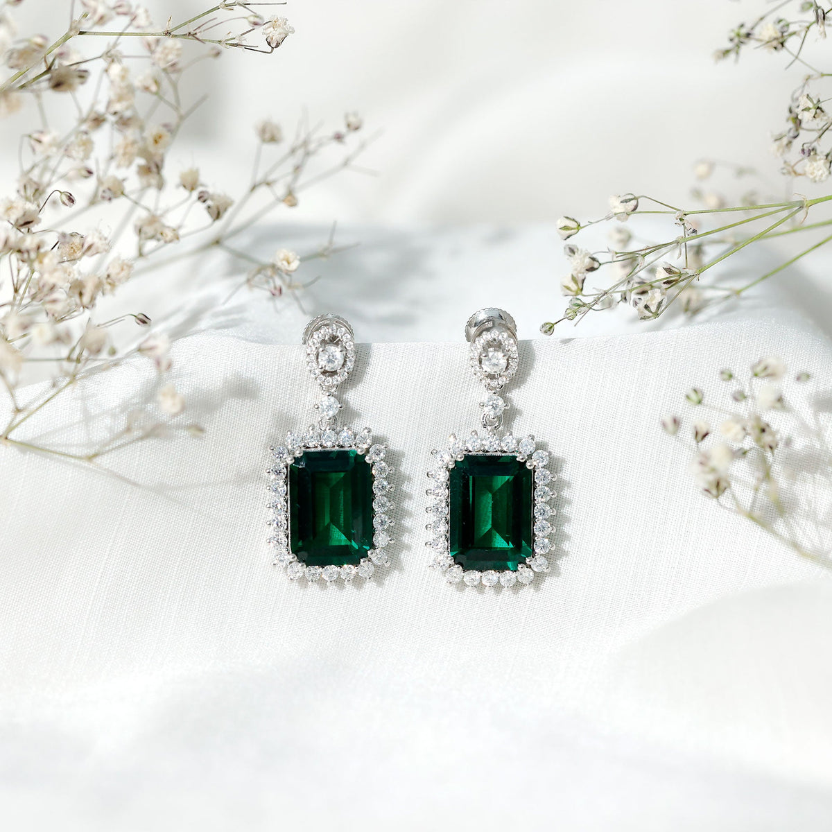 Lab Grown Emerald Earrings – 16 Carat Emerald Cut Vintage Bridal Jewelry