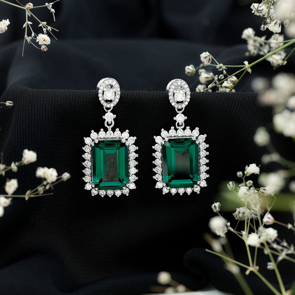Lab Grown Emerald Earrings – 16 Carat Emerald Cut Vintage Bridal Jewelry
