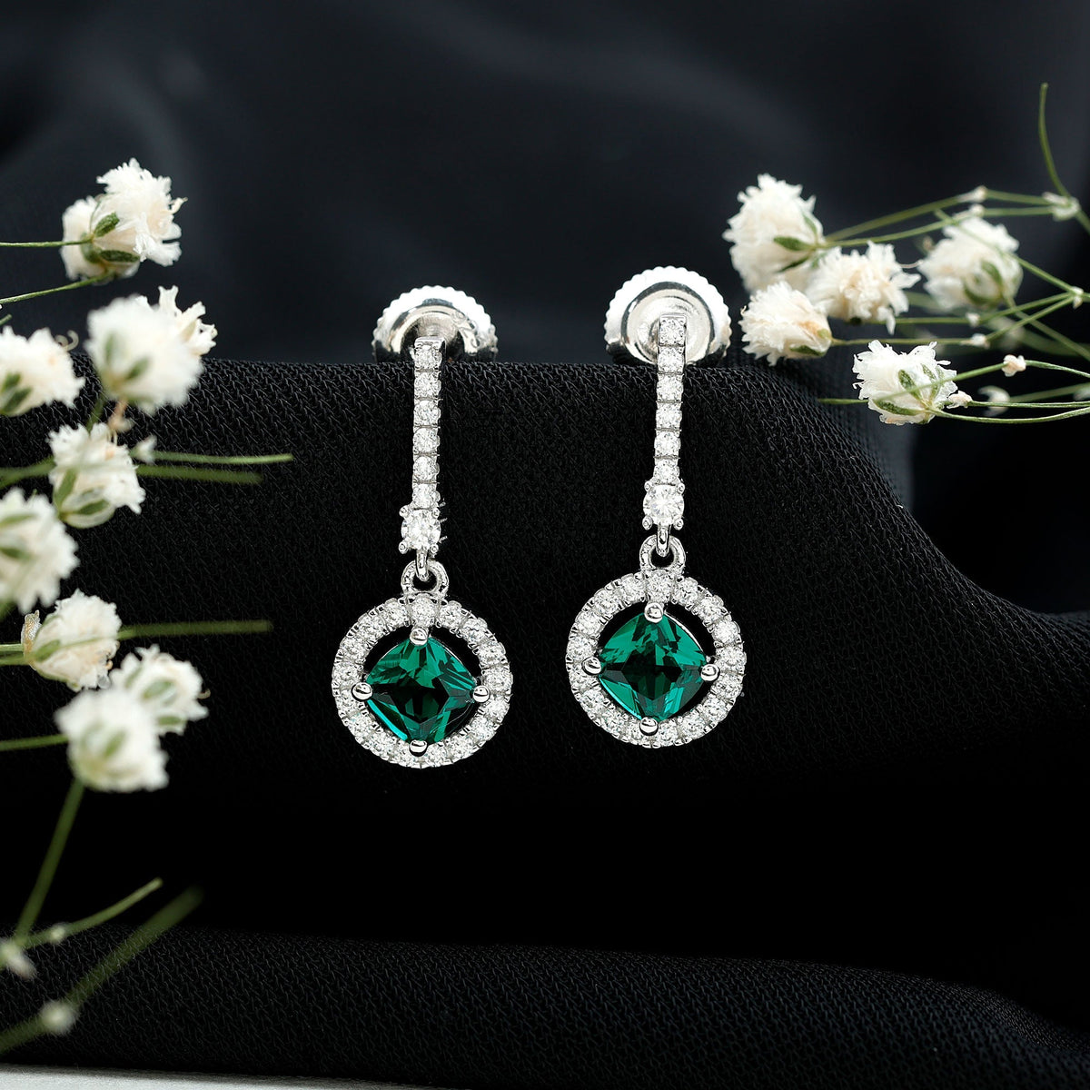 Lab Grown Emerald Earrings – 1.8 Carat Cushion Cut Dangle Drop Earrings with Moissanite