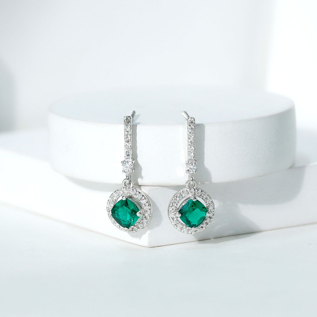 Lab Grown Emerald Earrings – 1.8 Carat Cushion Cut Dangle Drop Earrings with Moissanite