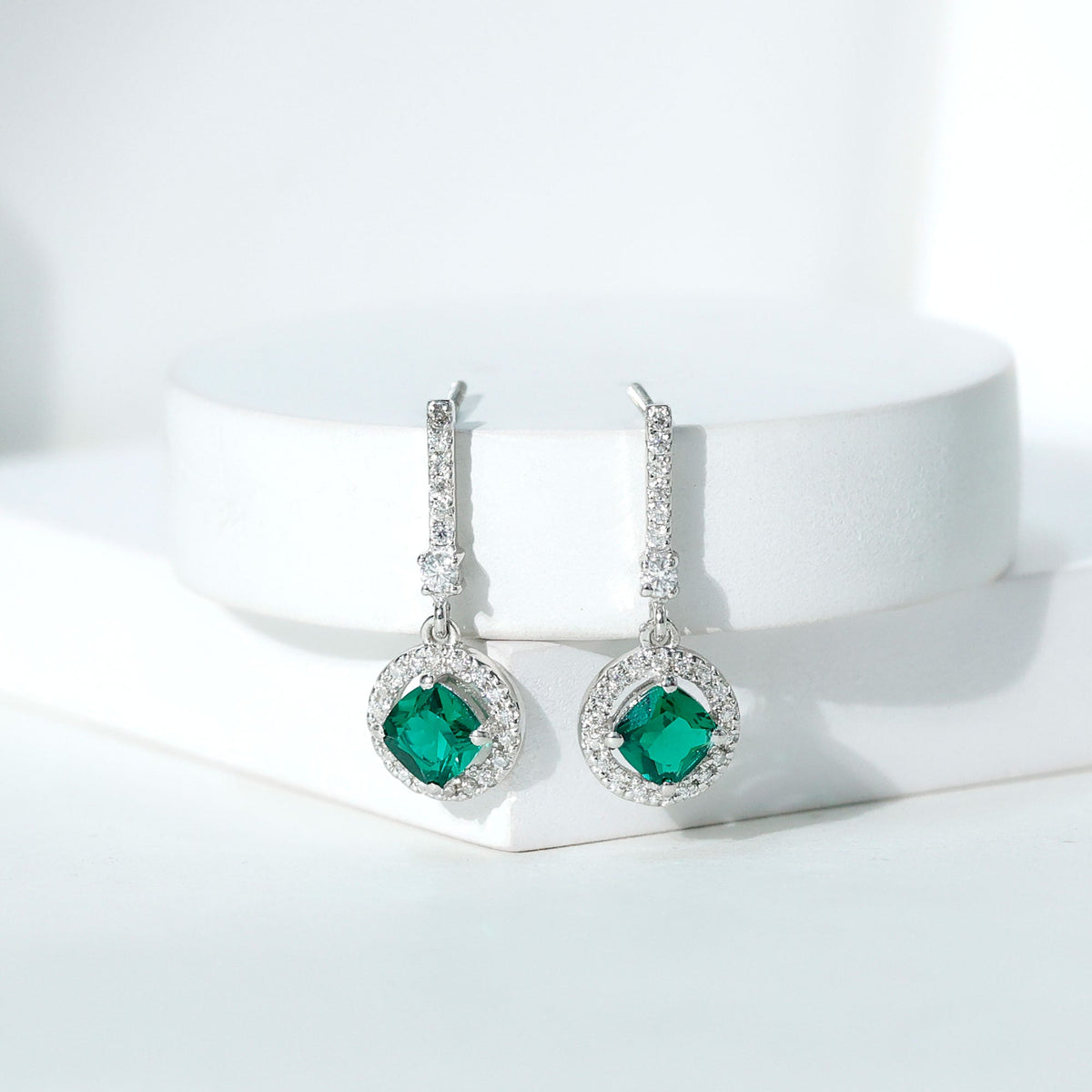 Lab Grown Emerald Earrings – 1.8 Carat Cushion Cut Dangle Drop Earrings with Moissanite