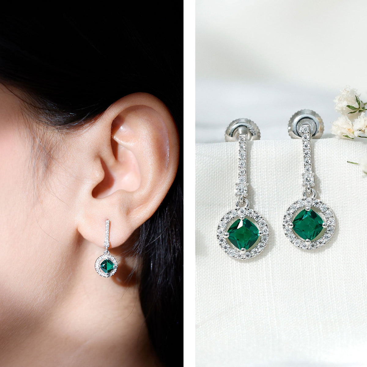 Lab Grown Emerald Earrings – 1.8 Carat Cushion Cut Dangle Drop Earrings with Moissanite