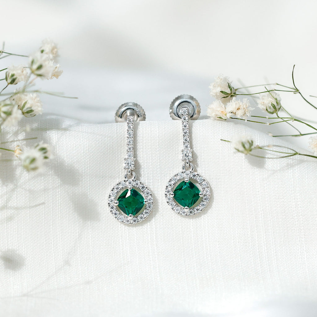 Lab Grown Emerald Earrings – 1.8 Carat Cushion Cut Dangle Drop Earrings with Moissanite