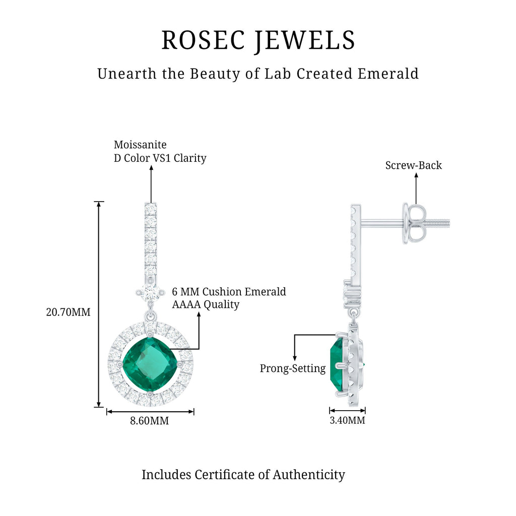 Lab Grown Emerald Earrings – 1.8 Carat Cushion Cut Dangle Drop Earrings with Moissanite