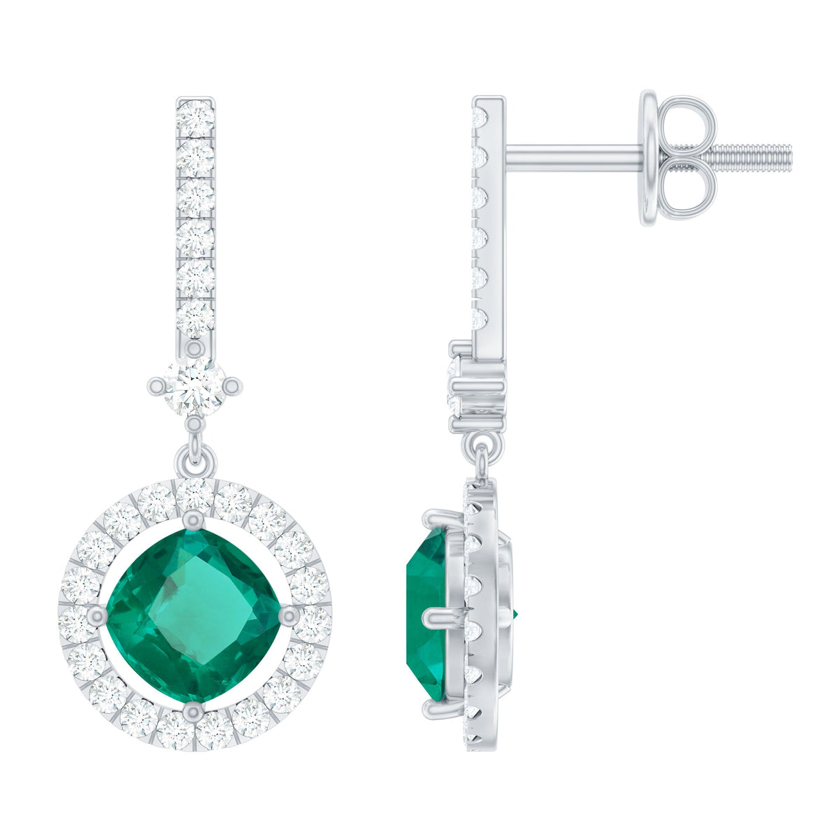 Lab Grown Emerald Earrings – 1.8 Carat Cushion Cut Dangle Drop Earrings with Moissanite