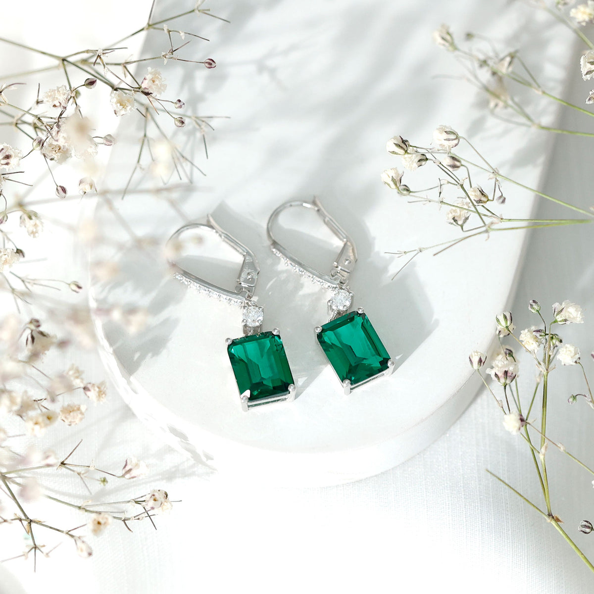 Lab Grown Emerald Earrings - 6.5 Carat Emerald Drop | Sterling Silver Leverback
