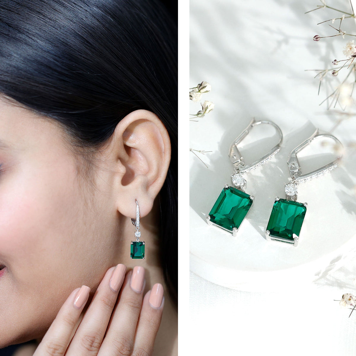 Lab Grown Emerald Earrings - 6.5 Carat Emerald Drop | Sterling Silver Leverback