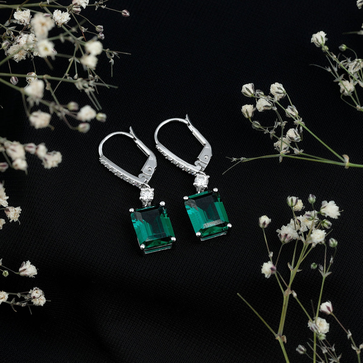 Lab Grown Emerald Earrings - 6.5 Carat Emerald Drop | Sterling Silver Leverback