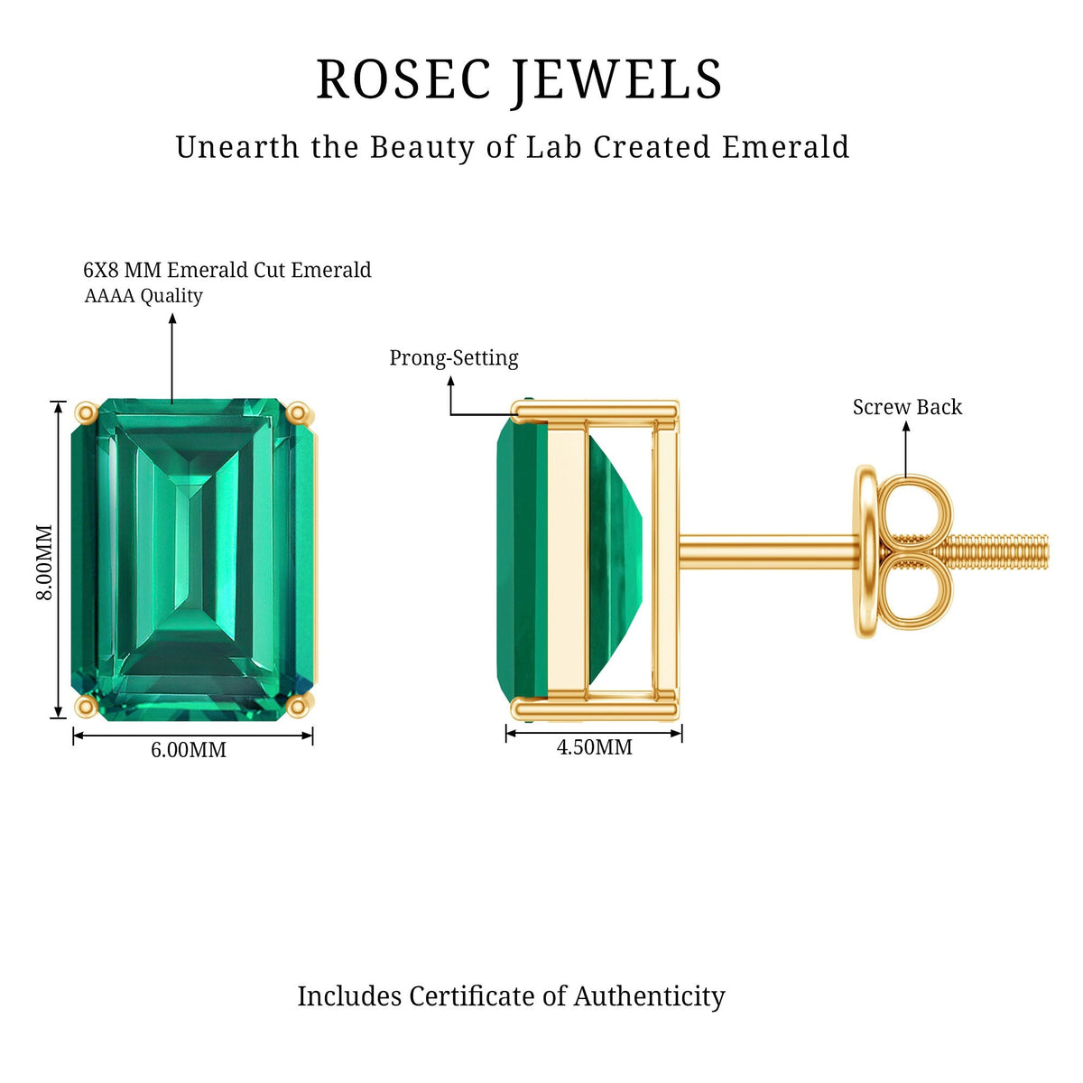 Lab Grown Emerald Earrings – 6x8 mm Emerald Cut Solitaire Studs with Screw Back Closures