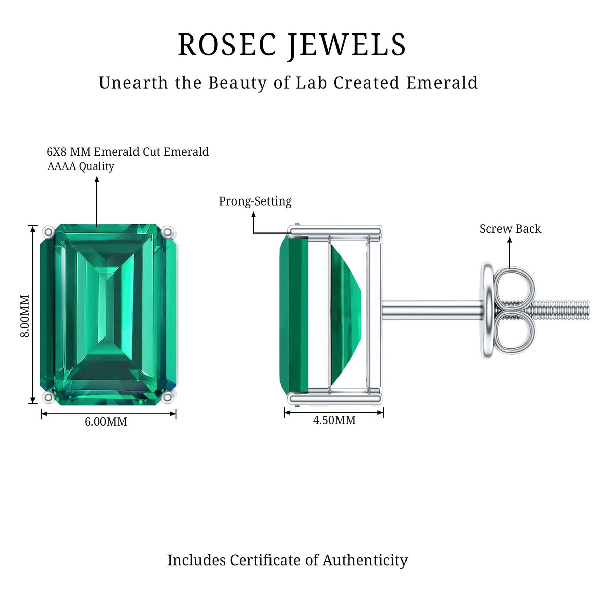 Lab Grown Emerald Earrings – 6x8 mm Emerald Cut Solitaire Studs with Screw Back Closures
