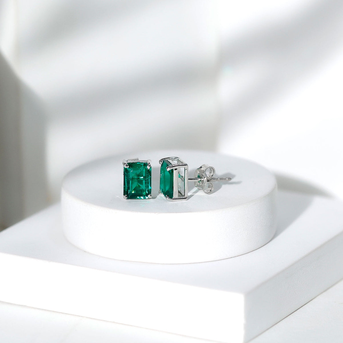 Lab Grown Emerald Earrings – 6x8 mm Emerald Cut Solitaire Studs with Screw Back Closures