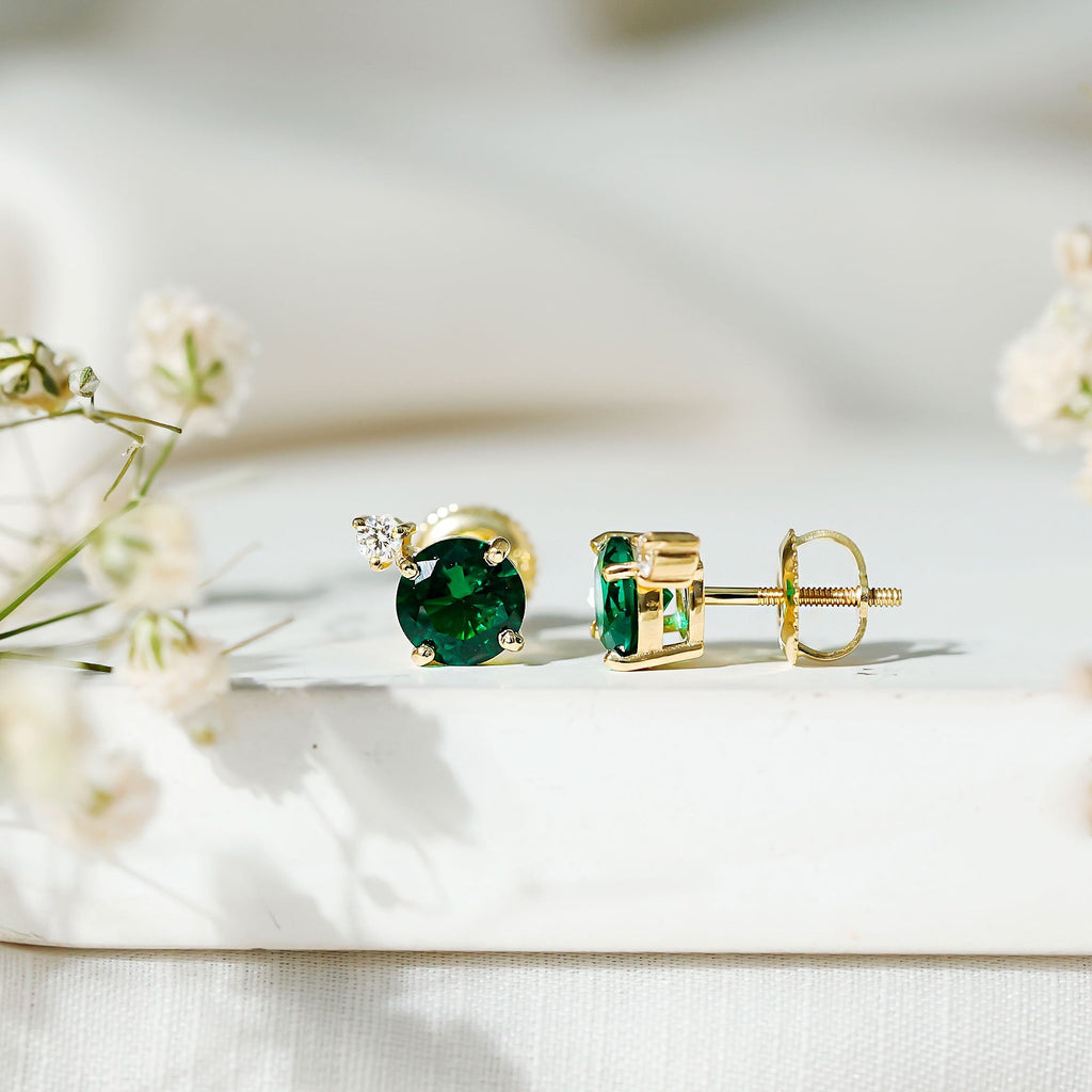 Lab Grown Emerald Earrings – AAA Quality Emerald Studs With Diamond Accent