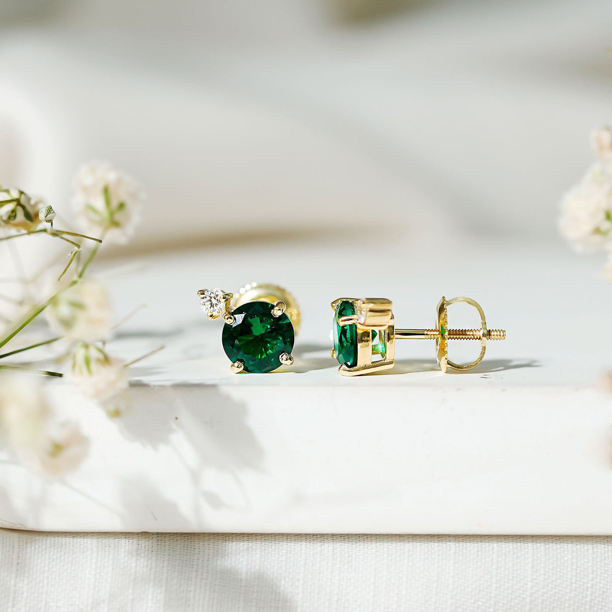 Lab Grown Emerald Earrings – AAA Quality Emerald Studs With Diamond Accent