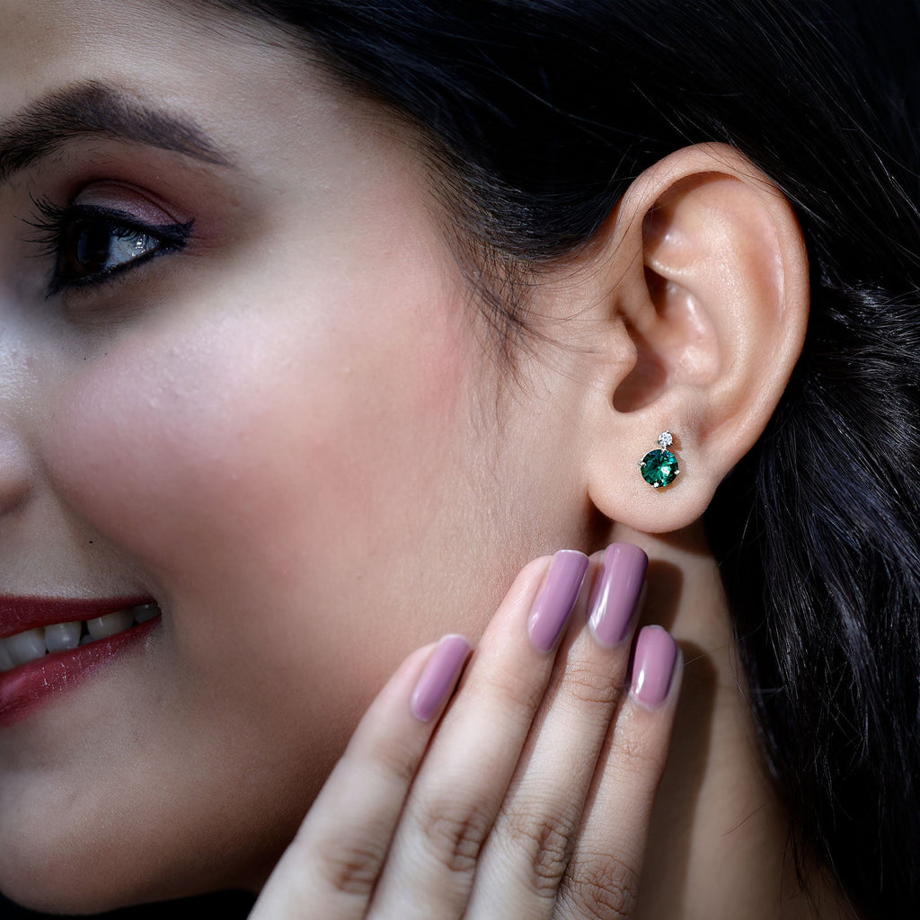 Lab Grown Emerald Earrings – AAA Quality Emerald Studs With Diamond Accent