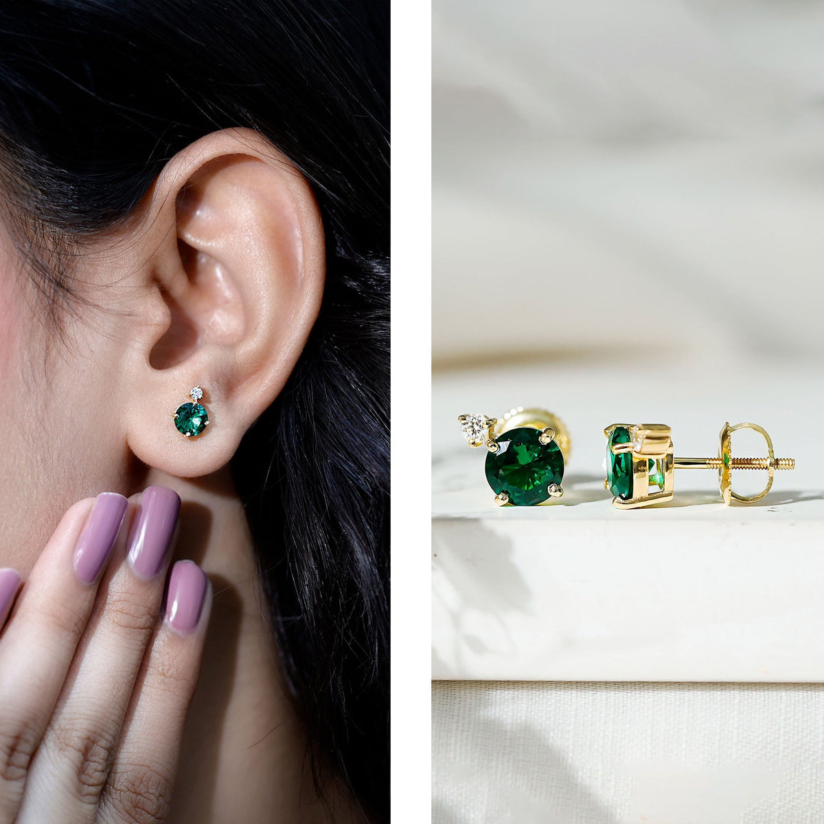 Lab Grown Emerald Earrings – AAA Quality Emerald Studs With Diamond Accent
