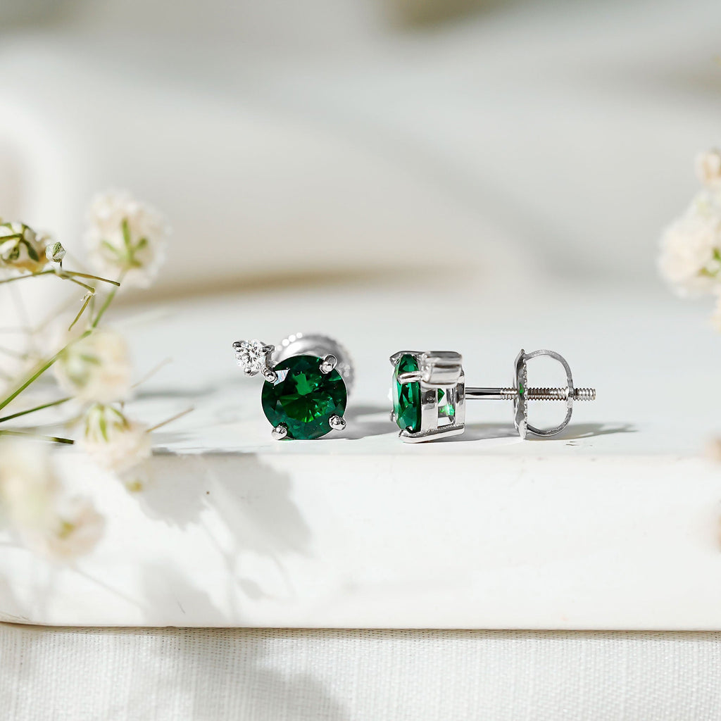 Lab Grown Emerald Earrings – AAA Quality Emerald Studs With Diamond Accent