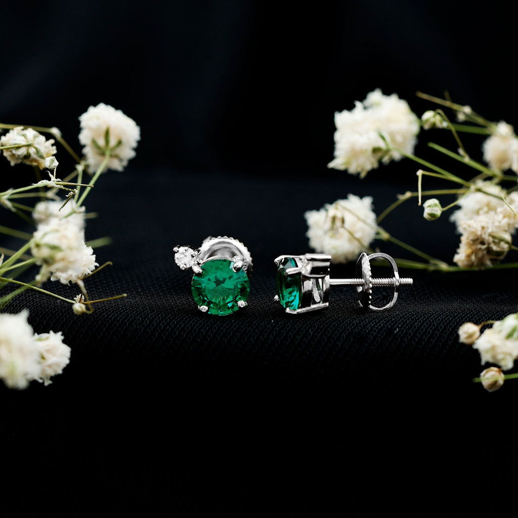 Lab Grown Emerald Earrings – AAA Quality Emerald Studs With Diamond Accent