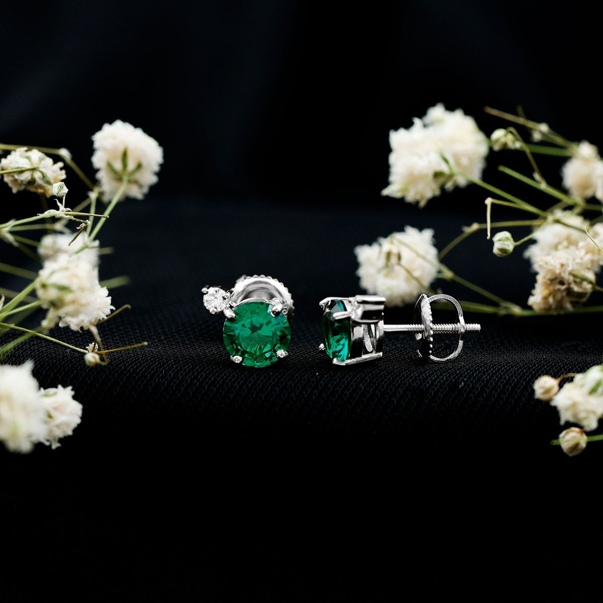 Lab Grown Emerald Earrings – AAA Quality Emerald Studs With Diamond Accent