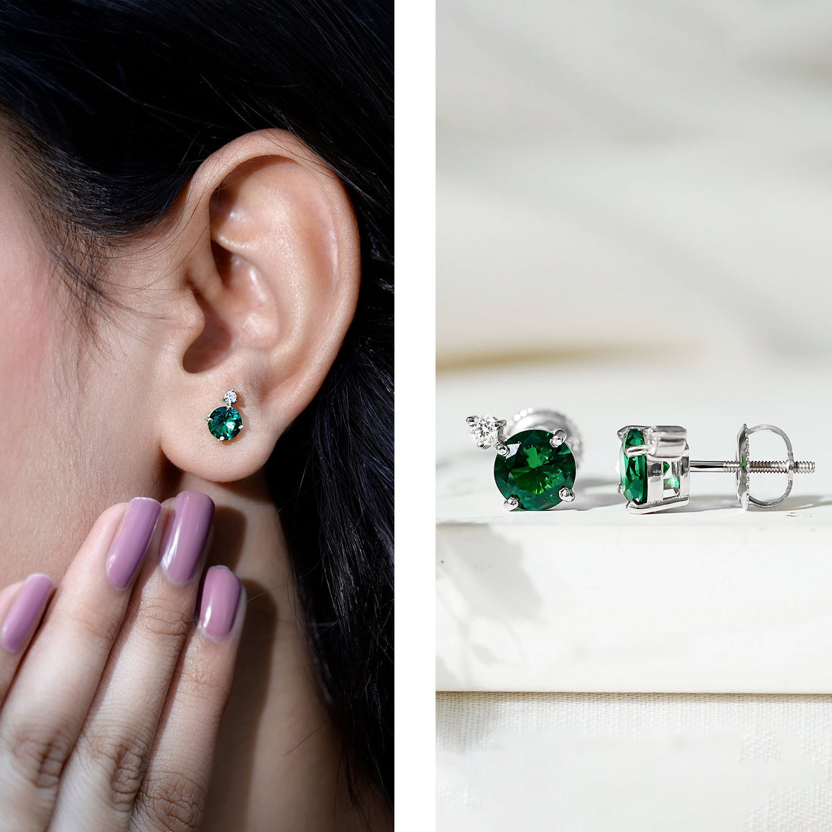 Lab Grown Emerald Earrings – AAA Quality Emerald Studs With Diamond Accent