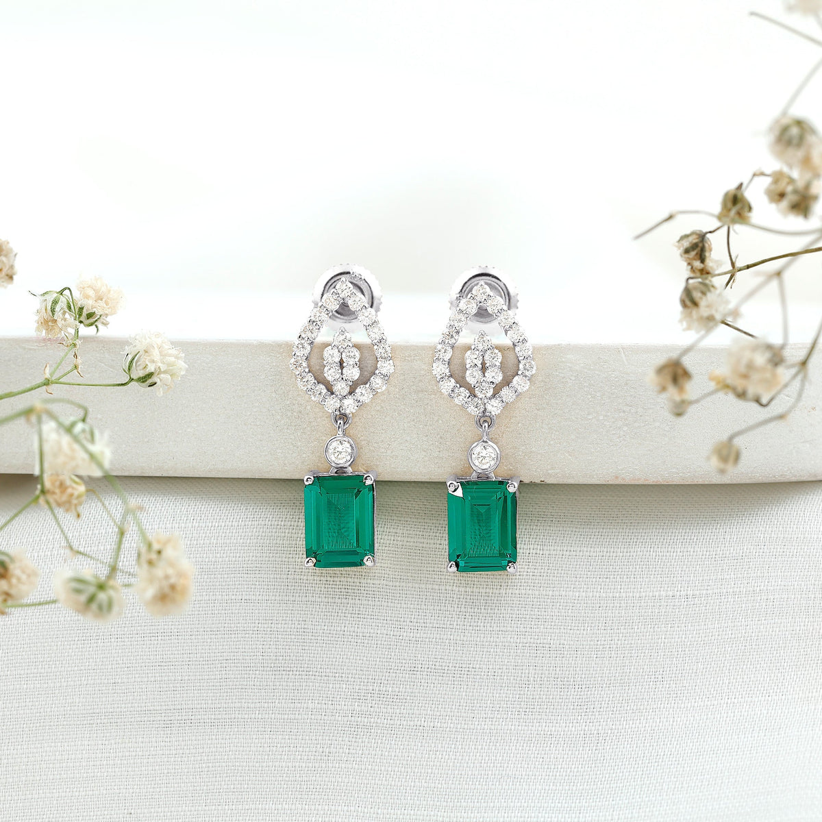 Lab Grown Emerald Earrings – Art Deco Diamond Drop With Screw Back Design