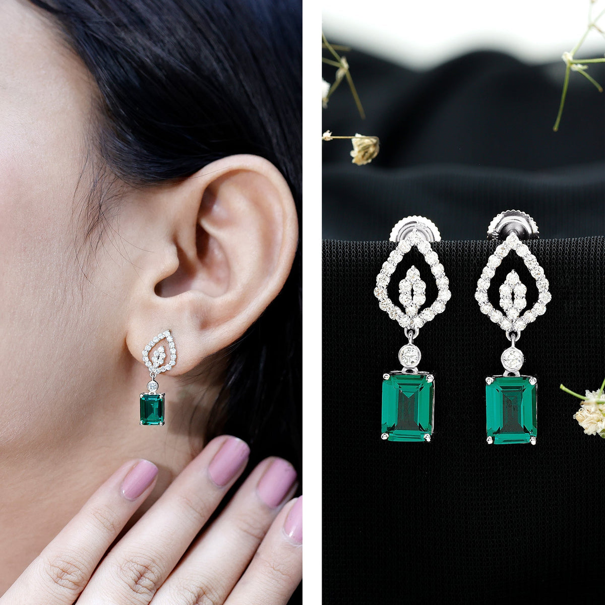 Lab Grown Emerald Earrings – Art Deco Diamond Drop With Screw Back Design
