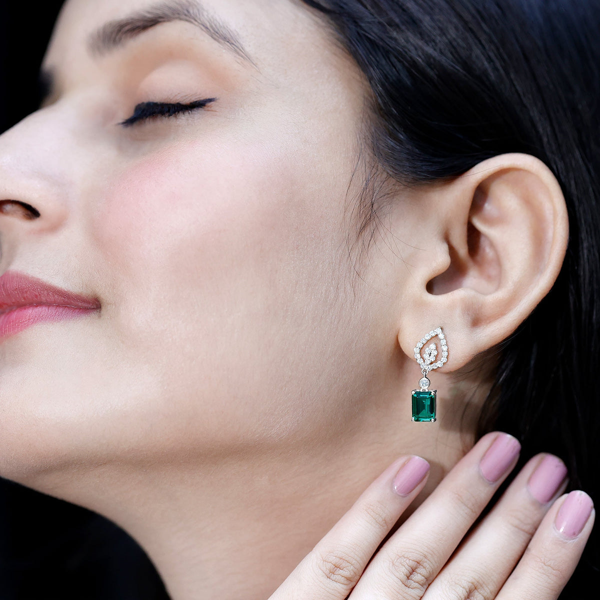 Lab Grown Emerald Earrings – Art Deco Diamond Drop With Screw Back Design