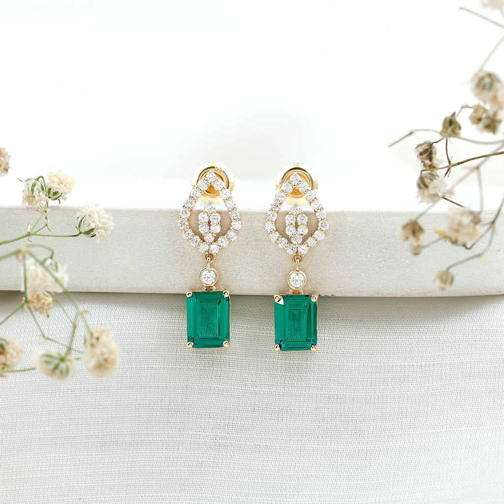 Lab Grown Emerald Earrings – Art Deco Diamond Drop With Screw Back Design