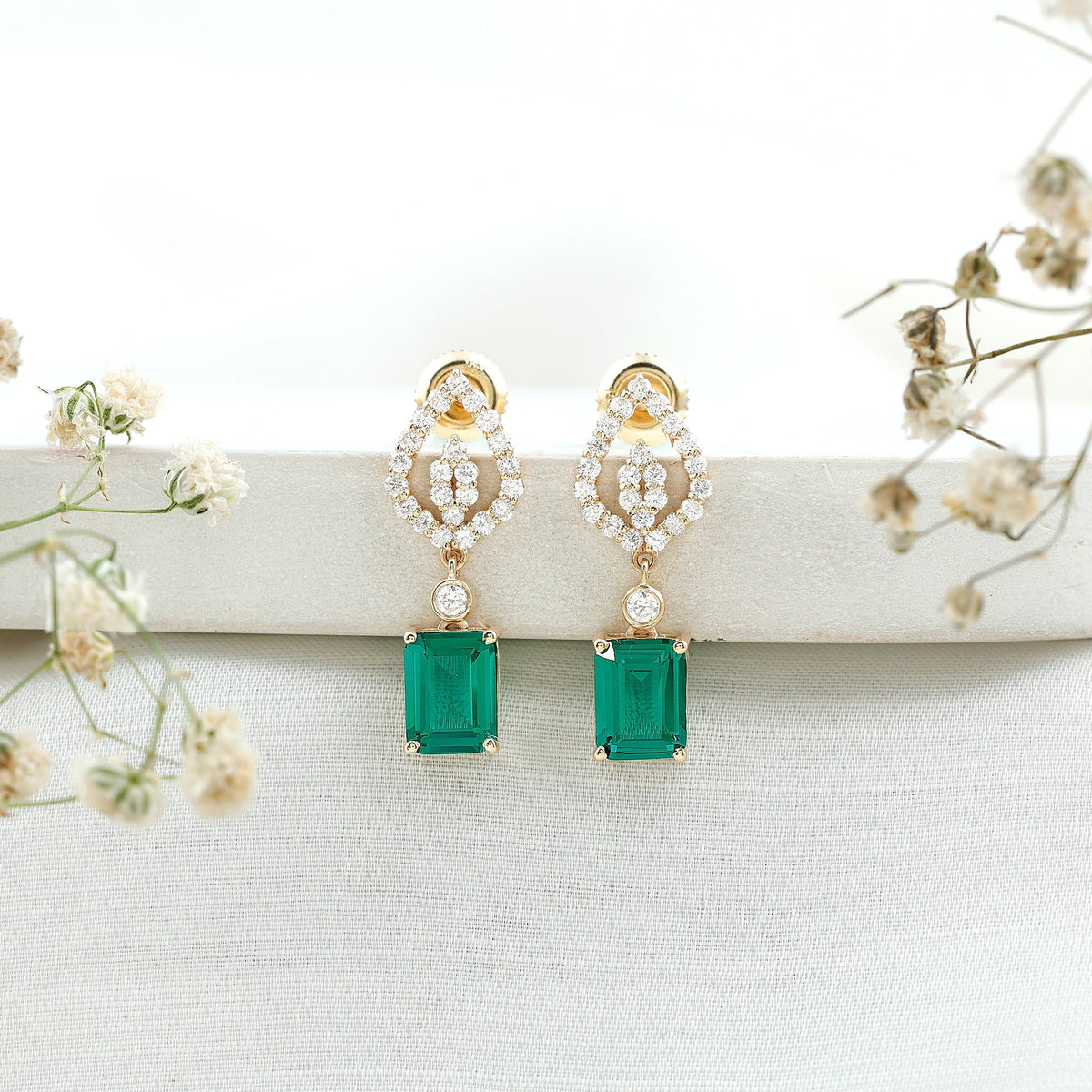 Lab Grown Emerald Earrings – Art Deco Diamond Drop With Screw Back Design