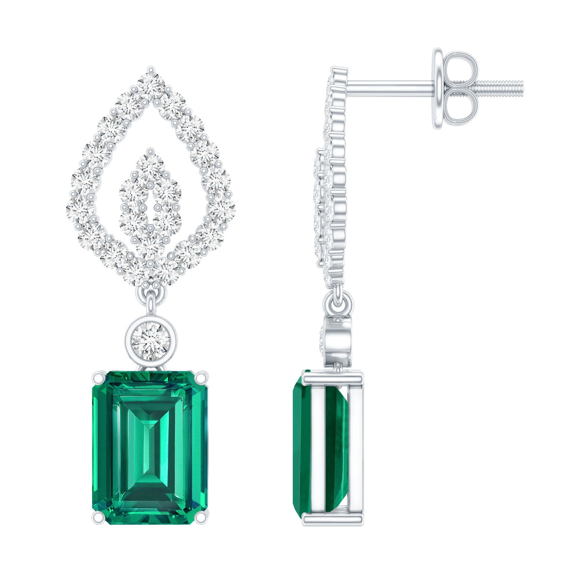 Lab Grown Emerald Earrings – Art Deco Diamond Drop With Screw Back Design