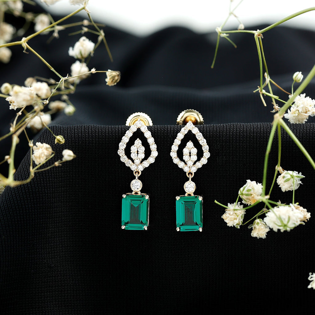 Lab Grown Emerald Earrings – Art Deco Diamond Drop With Screw Back Design