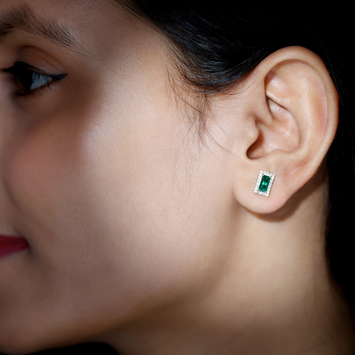 Lab Grown Emerald Earrings – Baguette Cut Emerald Studs With Diamond Halo
