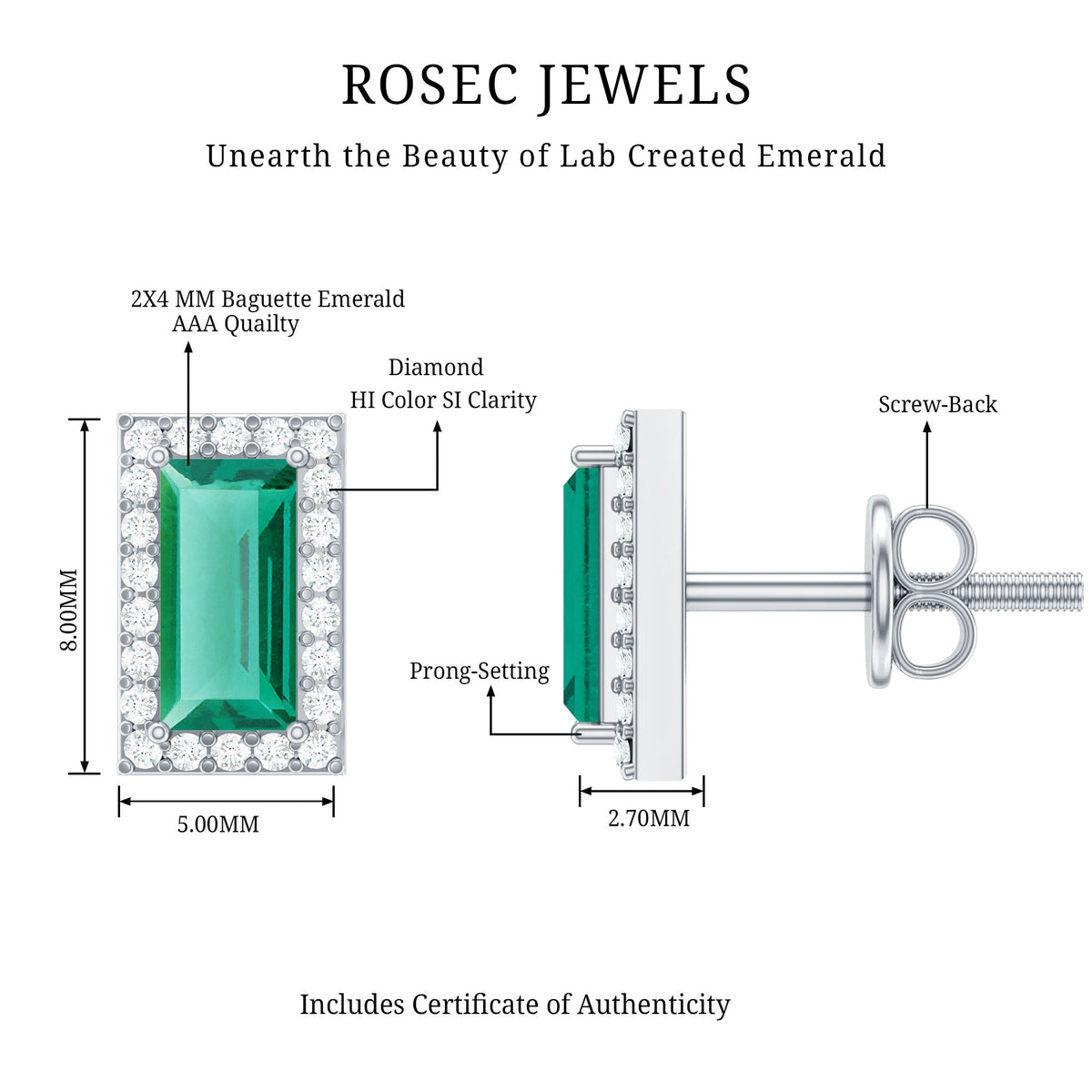 Lab Grown Emerald Earrings – Baguette Cut Emerald Studs With Diamond Halo