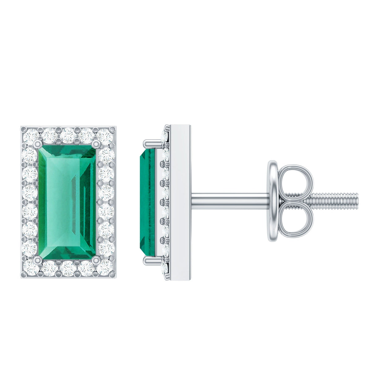 Lab Grown Emerald Earrings – Baguette Cut Emerald Studs With Diamond Halo