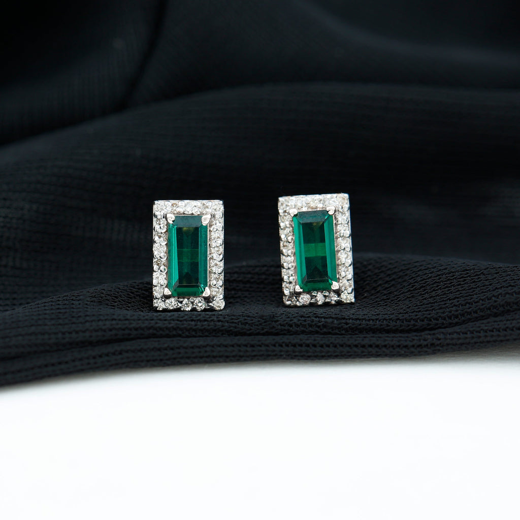 Lab Grown Emerald Earrings – Baguette Cut Emerald Studs With Diamond Halo