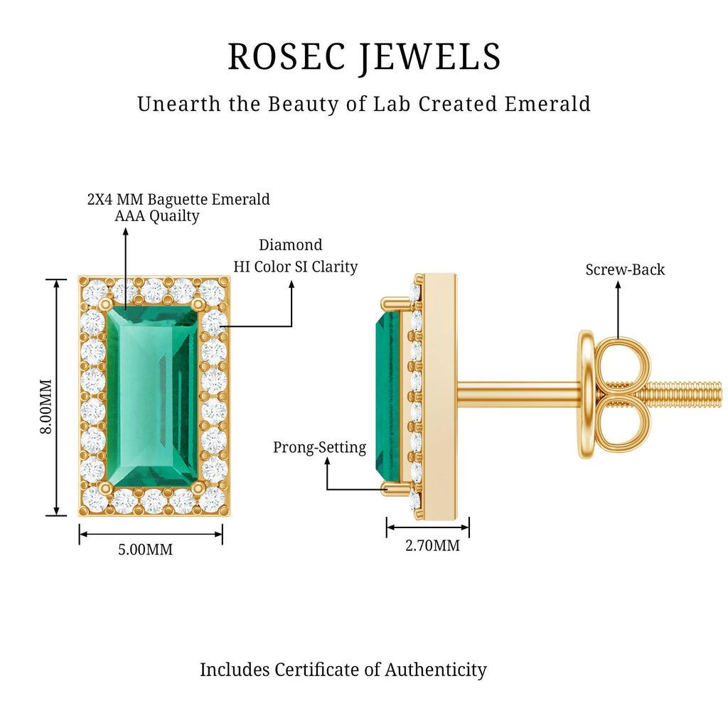 Lab Grown Emerald Earrings – Baguette Cut Emerald Studs With Diamond Halo