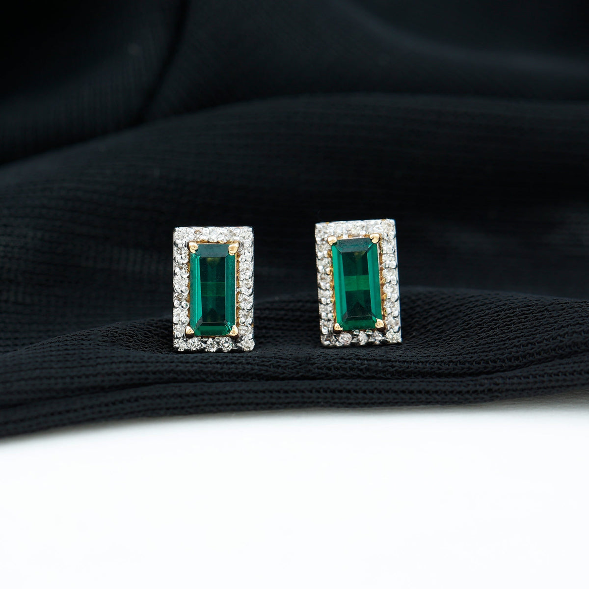 Lab Grown Emerald Earrings – Baguette Cut Emerald Studs With Diamond Halo