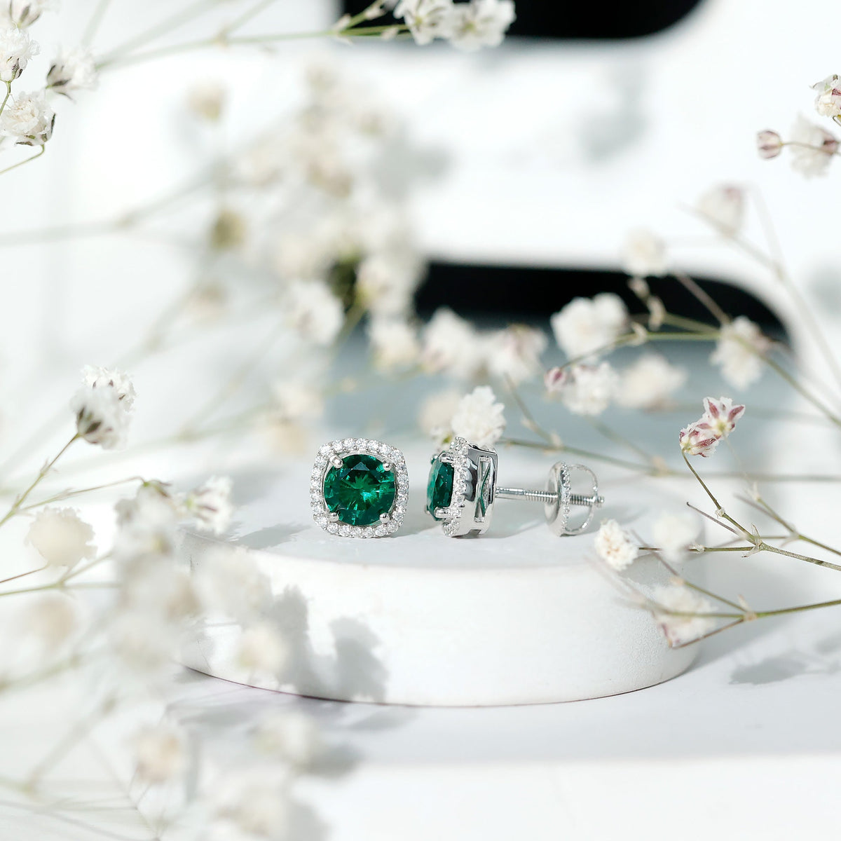 Lab Grown Emerald Earrings – Classic Halo Stud with 6mm Round Cut Moissanite