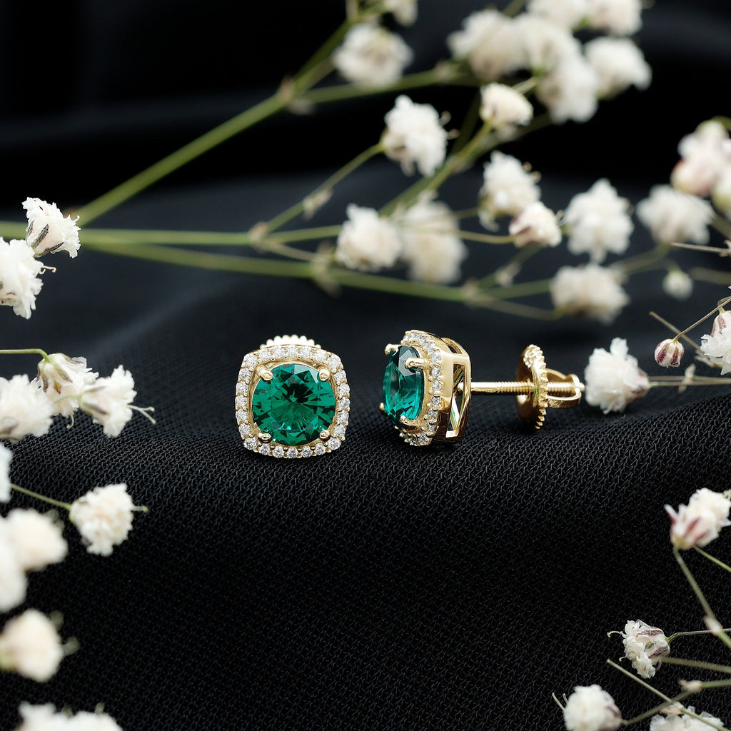 Lab Grown Emerald Earrings – Classic Halo Stud with 6mm Round Cut Moissanite