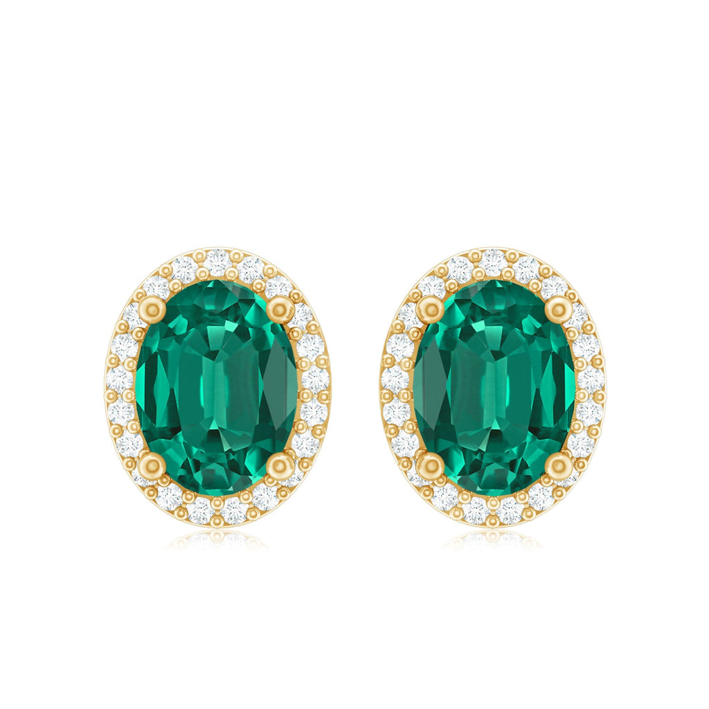 Lab Grown Emerald Earrings – Classic Oval Emerald Halo Studs With Diamond Halo