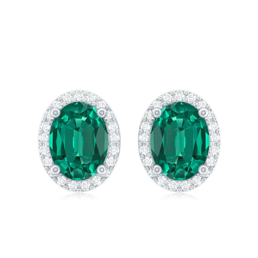 Lab Grown Emerald Earrings – Classic Oval Emerald Halo Studs With Diamond Halo