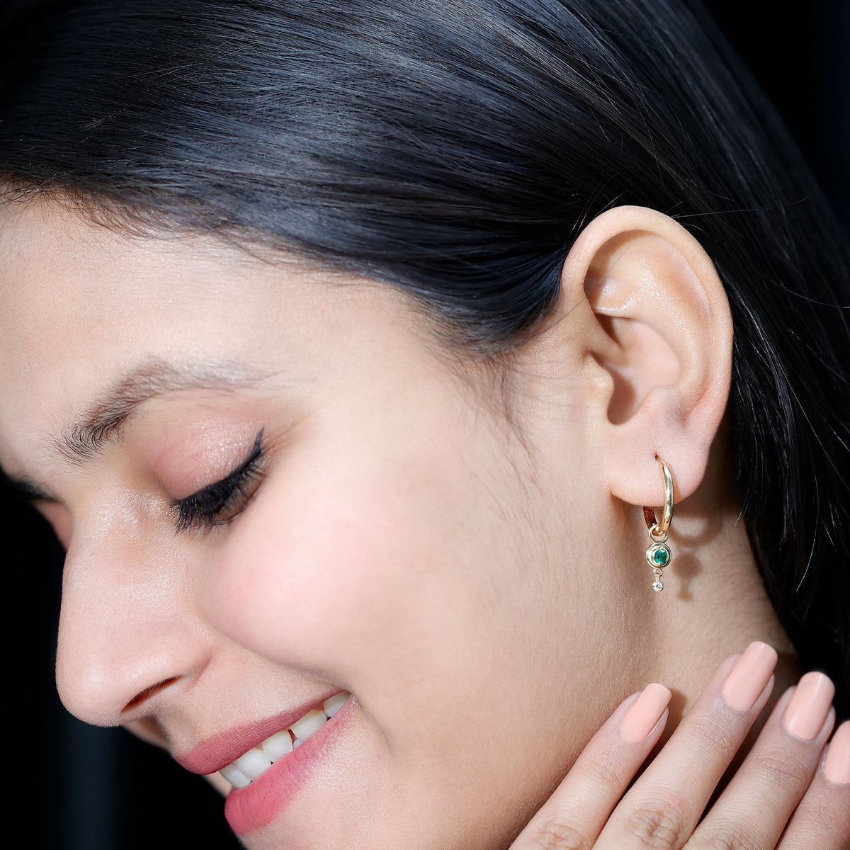 Lab Grown Emerald Earrings – Diamond Drop Hoop Earrings with Bezel Setting