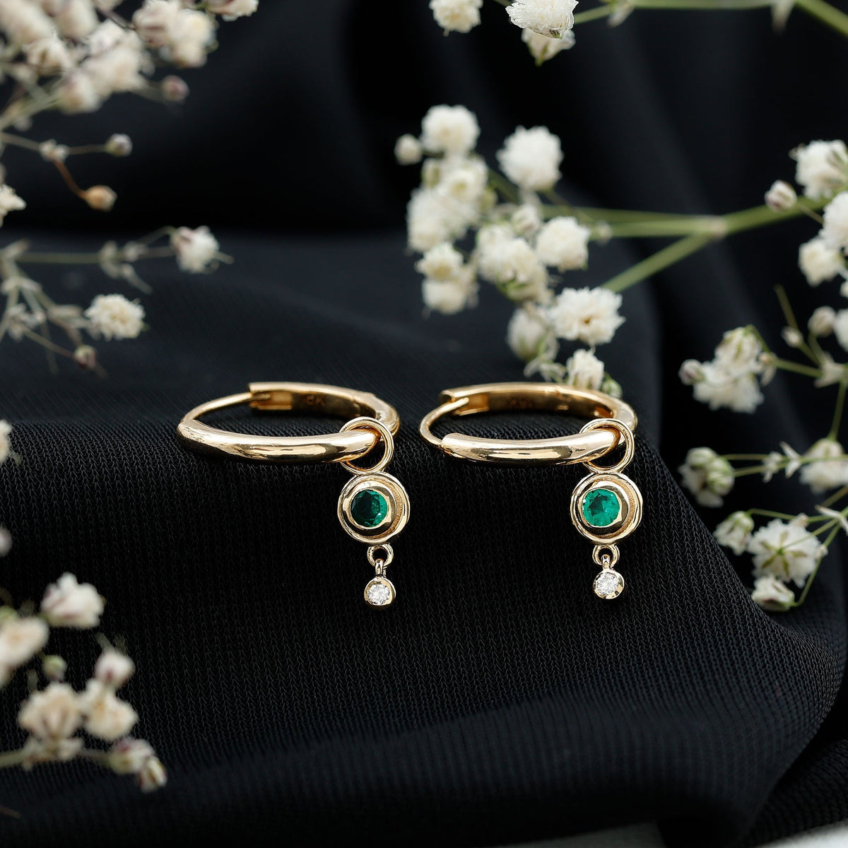 Lab Grown Emerald Earrings – Diamond Drop Hoop Earrings with Bezel Setting